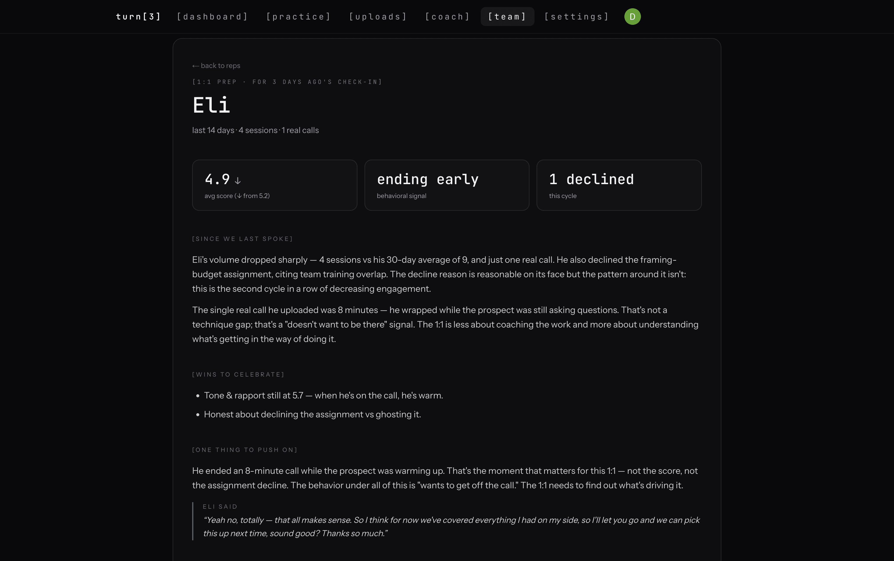 1:1 prep view showing Eli's coaching themes, recent calls, and talk-track recommendations.